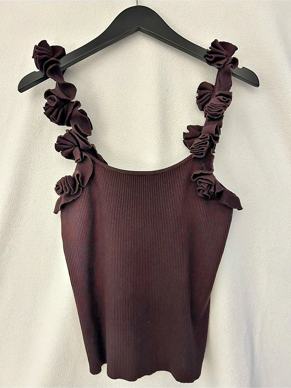 Caroline Constas Ruffle Strap Ribbed Tank in Brown Medium Like New